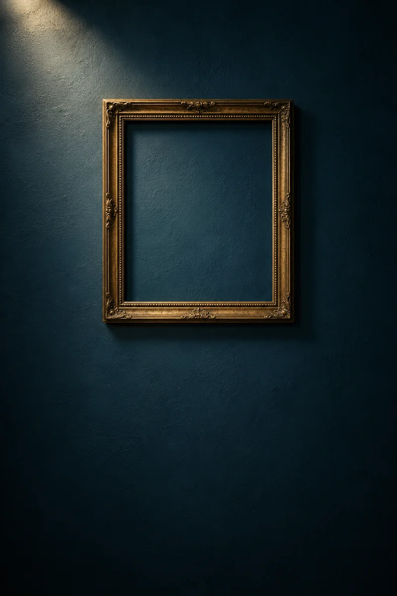 Un marco de latón sobre una pared azul oscuro. Dentro: Falta una obra. Sobran versiones.